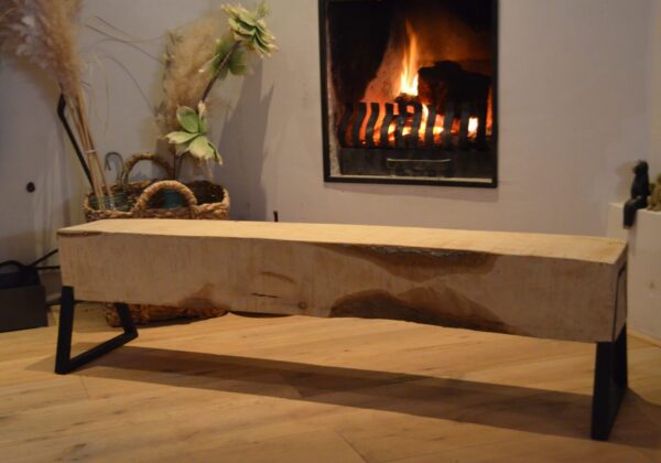 Boomstam bank - Boomstam tafel - Balken Bank - Boomstam tv meubel - Delloire-Staal-Hout 6