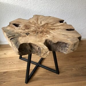 Boomstam boomschijf bijzettafel salontafel Klavertje Vijf zwart frame staal