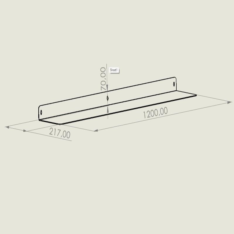 Technische tekening metalen wandplank 120 cm – afmetingen, diepte en bevestiging